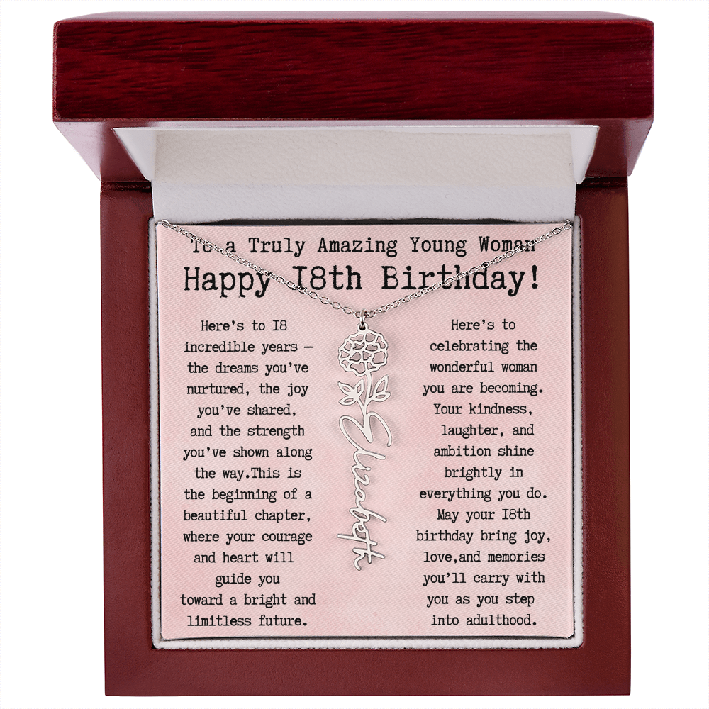 Personalized 18th Birthday Gift for Her – Customized Birth Flower Name Necklace – Unique Eighteenth Birthday Jewelry Gift from Grandma, Mom, Aunt, or Friend