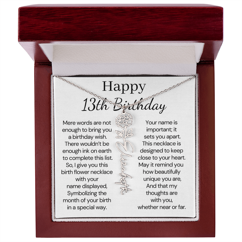 Personalized 13th Birthday Gift for Her – Customized Birth Flower Name Necklace – Teen Birthday Jewelry Gift for Granddaughter, Daughter, or Niece