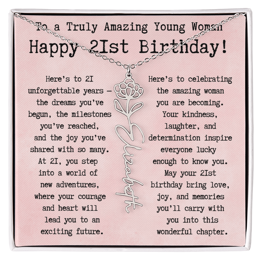 Personalized 21st Birthday Gift for Her – Customized Birth Flower Name Necklace – Unique Twenty-First Birthday Jewelry Gift from Grandma, Mom, Aunt, or Friend