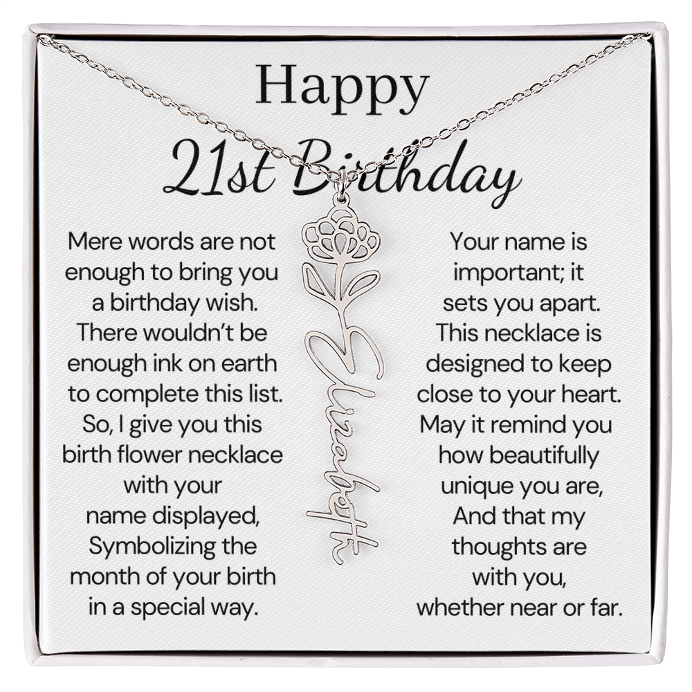 Personalized 21st Birthday Gift for Her – Customized Birth Flower Name Necklace – 21st Birthday Jewelry Gift for Granddaughter, Daughter, or Niece