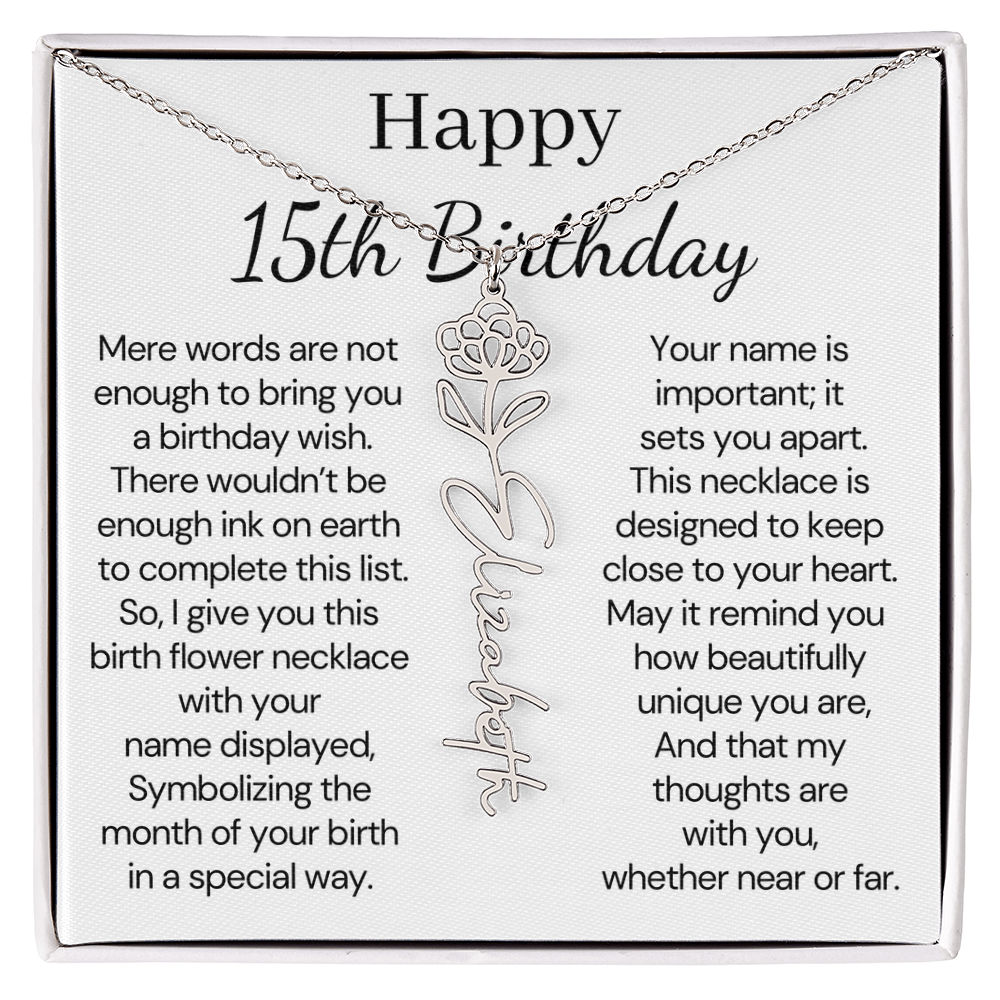 Personalized 15th Birthday Gift for Her – Customized Birth Flower Name Necklace – 15th Birthday Jewelry Gift for Granddaughter, Daughter, or Niece