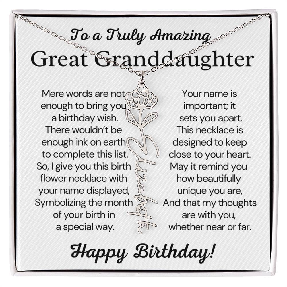 Personalized Birthday Gift for Great Granddaughter – Customized Birth Flower Name Necklace – Custom Jewelry Gift from Grandma