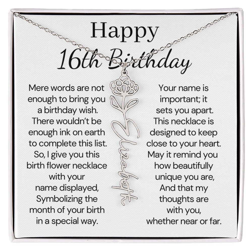 Personalized 16th Birthday Gift for Her – Customized Birth Flower Name Necklace – Jewelry Gift for Granddaughter, Daughter, or Niece