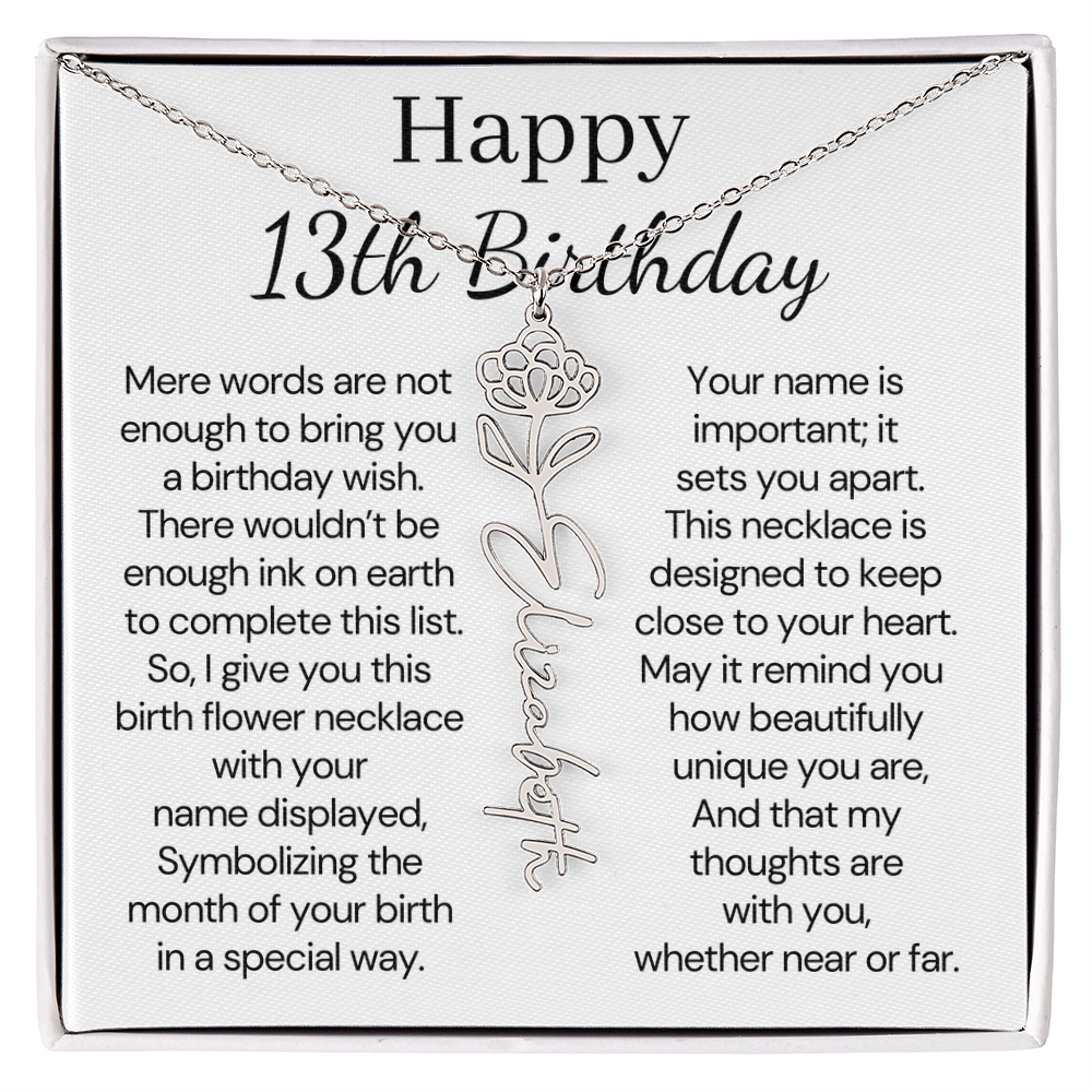 Personalized 13th Birthday Gift for Her – Customized Birth Flower Name Necklace – Teen Birthday Jewelry Gift for Granddaughter, Daughter, or Niece