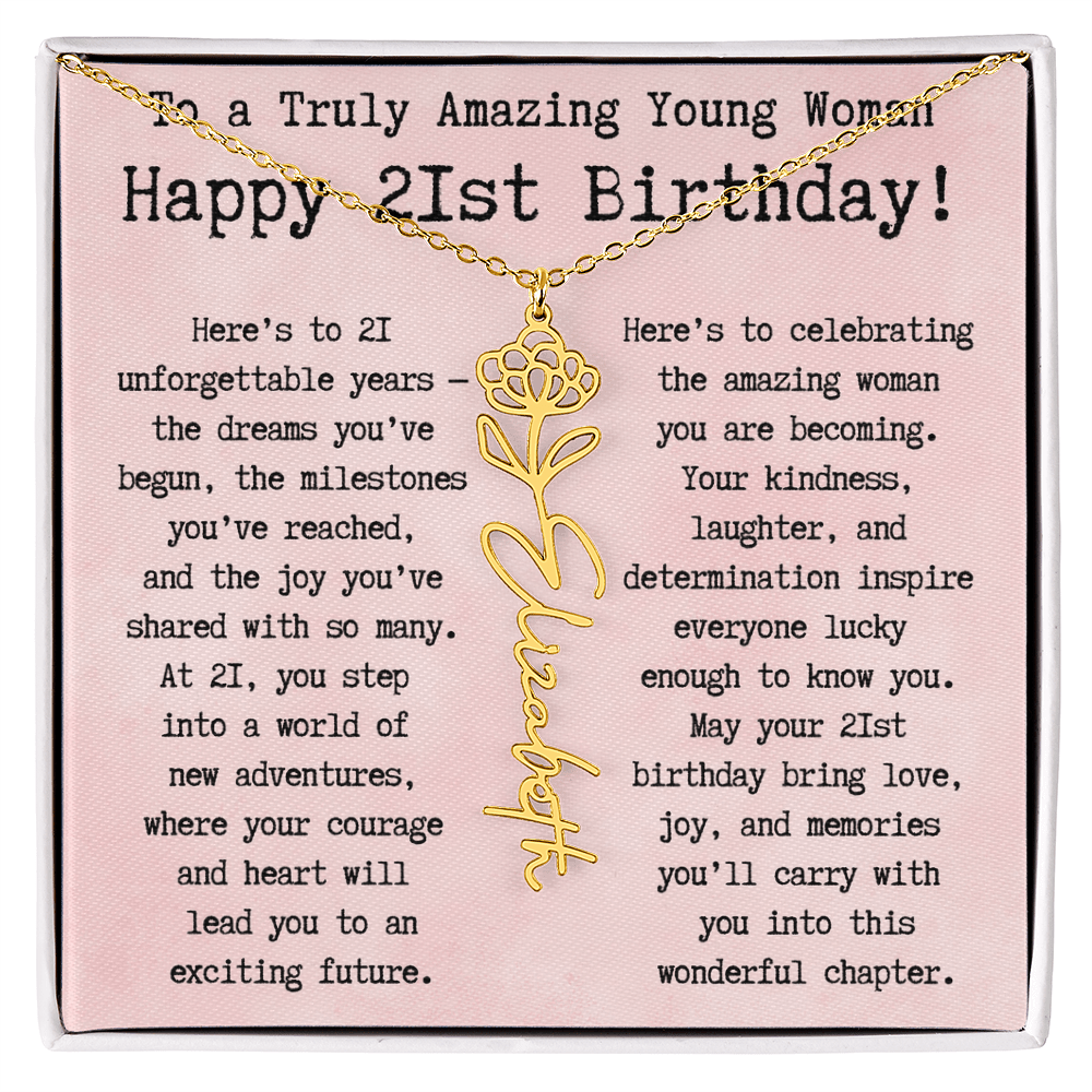 Personalized 21st Birthday Gift for Her – Customized Birth Flower Name Necklace – Unique Twenty-First Birthday Jewelry Gift from Grandma, Mom, Aunt, or Friend