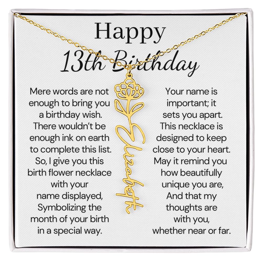 Personalized 13th Birthday Gift for Her – Customized Birth Flower Name Necklace – Teen Birthday Jewelry Gift for Granddaughter, Daughter, or Niece