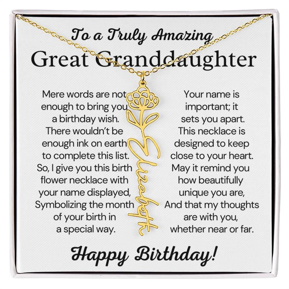 Personalized Birthday Gift for Great Granddaughter – Customized Birth Flower Name Necklace – Custom Jewelry Gift from Grandma