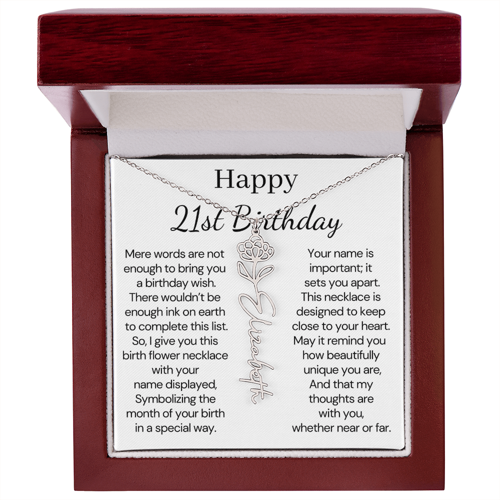 Personalized 21st Birthday Gift for Her – Customized Birth Flower Name Necklace – 21st Birthday Jewelry Gift for Granddaughter, Daughter, or Niece
