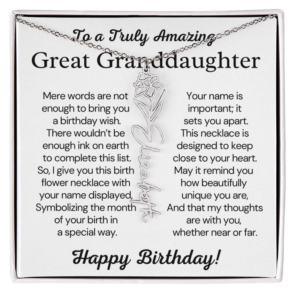 Personalized Birthday Gift for Great Granddaughter – Customized Birth Flower Name Necklace – Custom Jewelry Gift from Grandma