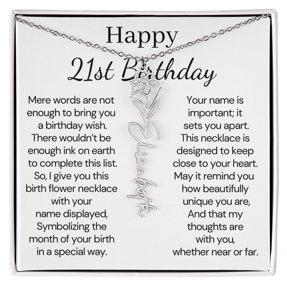Personalized 21st Birthday Gift for Her – Customized Birth Flower Name Necklace – 21st Birthday Jewelry Gift for Granddaughter, Daughter, or Niece