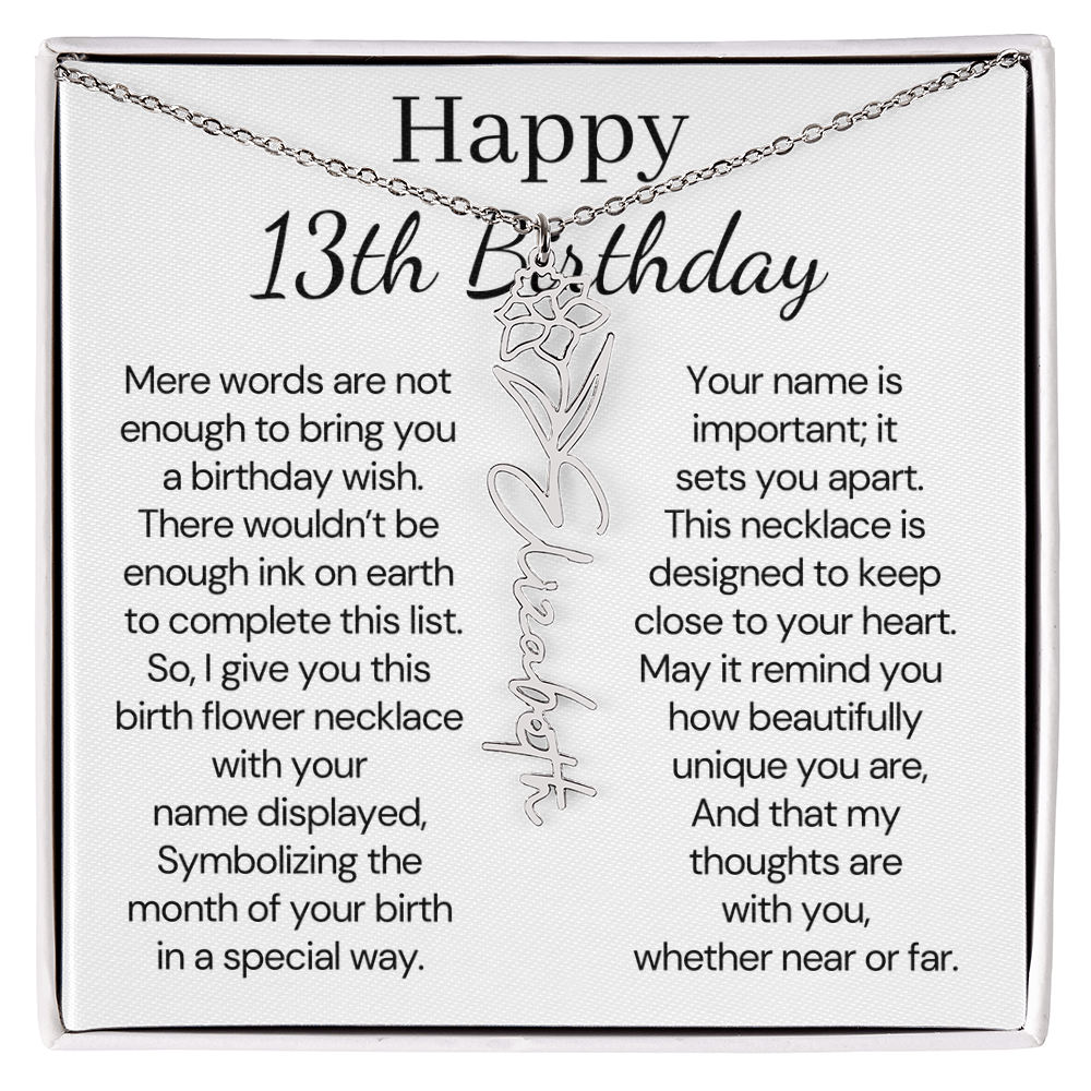 Personalized 13th Birthday Gift for Her – Customized Birth Flower Name Necklace – Teen Birthday Jewelry Gift for Granddaughter, Daughter, or Niece