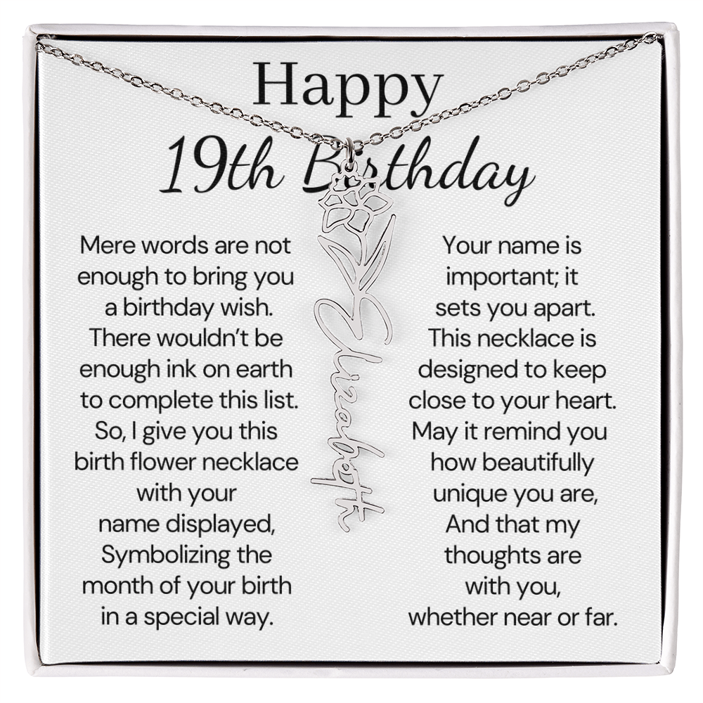 Personalized 19th Birthday Gift for Her – Customized Birth Flower Name Necklace – 19th Birthday Jewelry Gift for Granddaughter, Daughter, or Niece