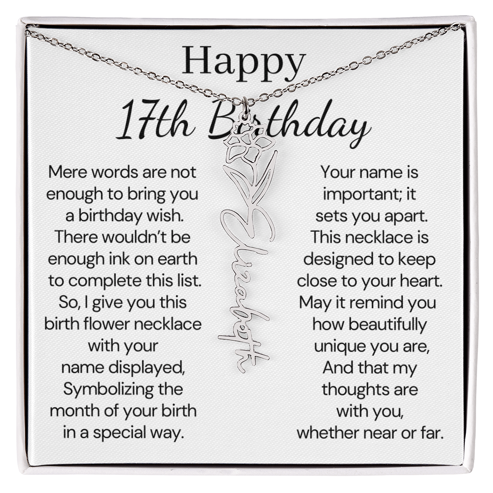 Personalized 17th Birthday Gift for Her – Customized Birth Flower Name Necklace – Jewelry Gift for Daughter, Granddaughter, or Niece
