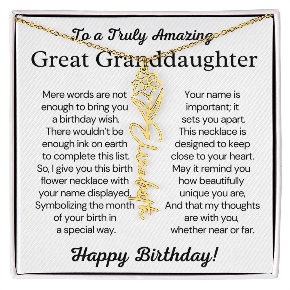 Personalized Birthday Gift for Great Granddaughter – Customized Birth Flower Name Necklace – Custom Jewelry Gift from Grandma