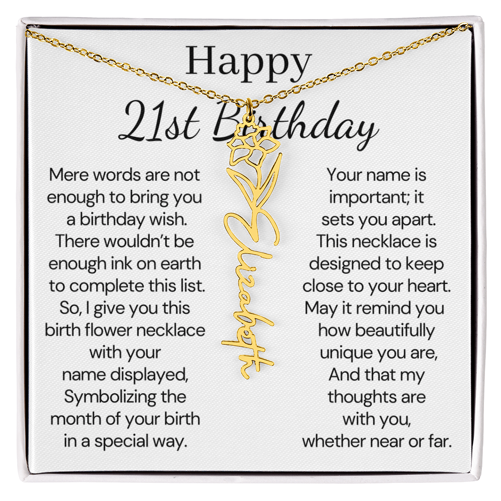 Personalized 21st Birthday Gift for Her – Customized Birth Flower Name Necklace – 21st Birthday Jewelry Gift for Granddaughter, Daughter, or Niece