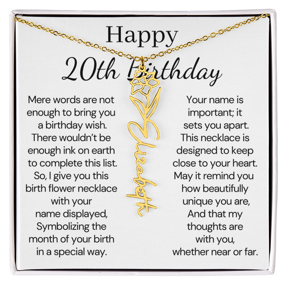 Personalized 20th Birthday Gift for Her – Customized Birth Flower Name Necklace – 20th Birthday Jewelry Gift for Daughter, Granddaughter, or Niece