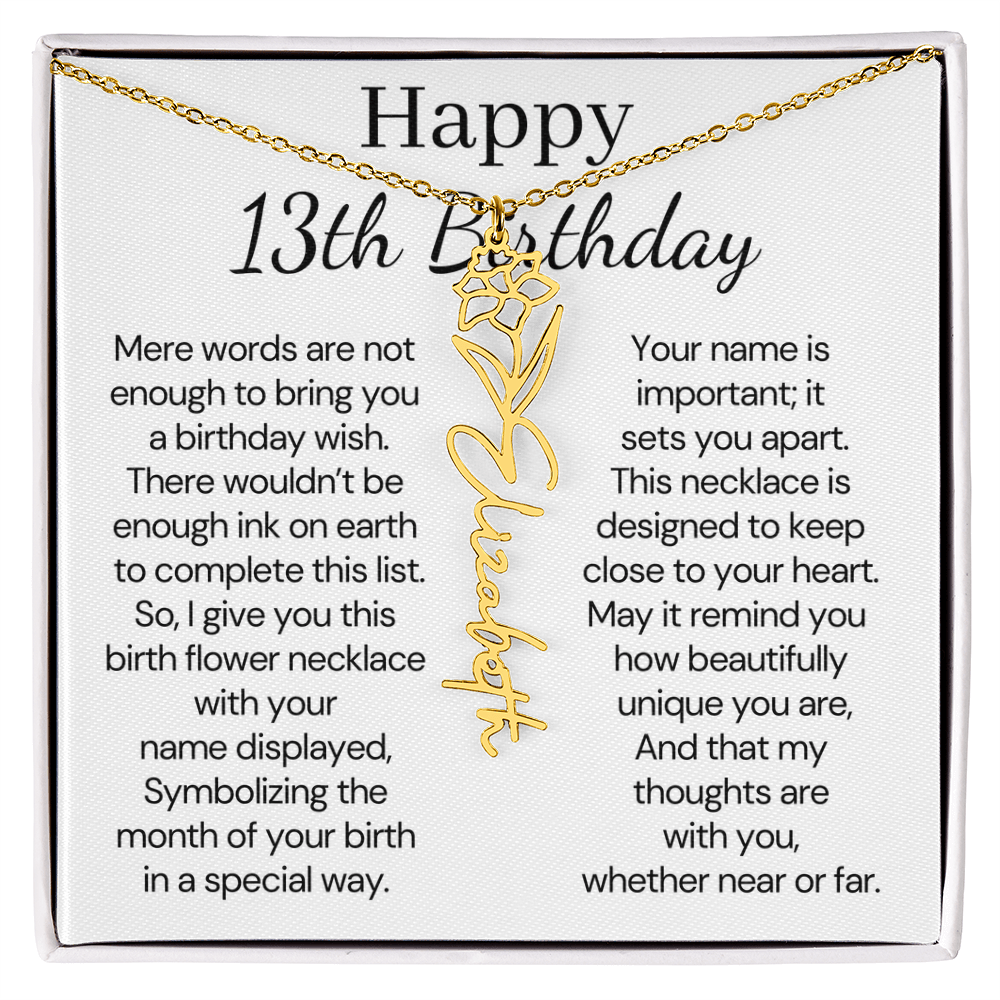 Personalized 13th Birthday Gift for Her – Customized Birth Flower Name Necklace – Teen Birthday Jewelry Gift for Granddaughter, Daughter, or Niece