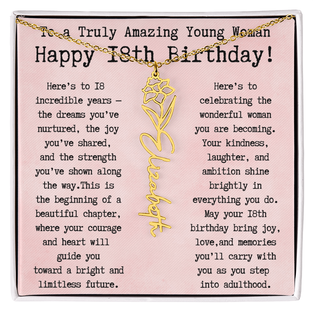 Personalized 18th Birthday Gift for Her – Customized Birth Flower Name Necklace – Unique Eighteenth Birthday Jewelry Gift from Grandma, Mom, Aunt, or Friend