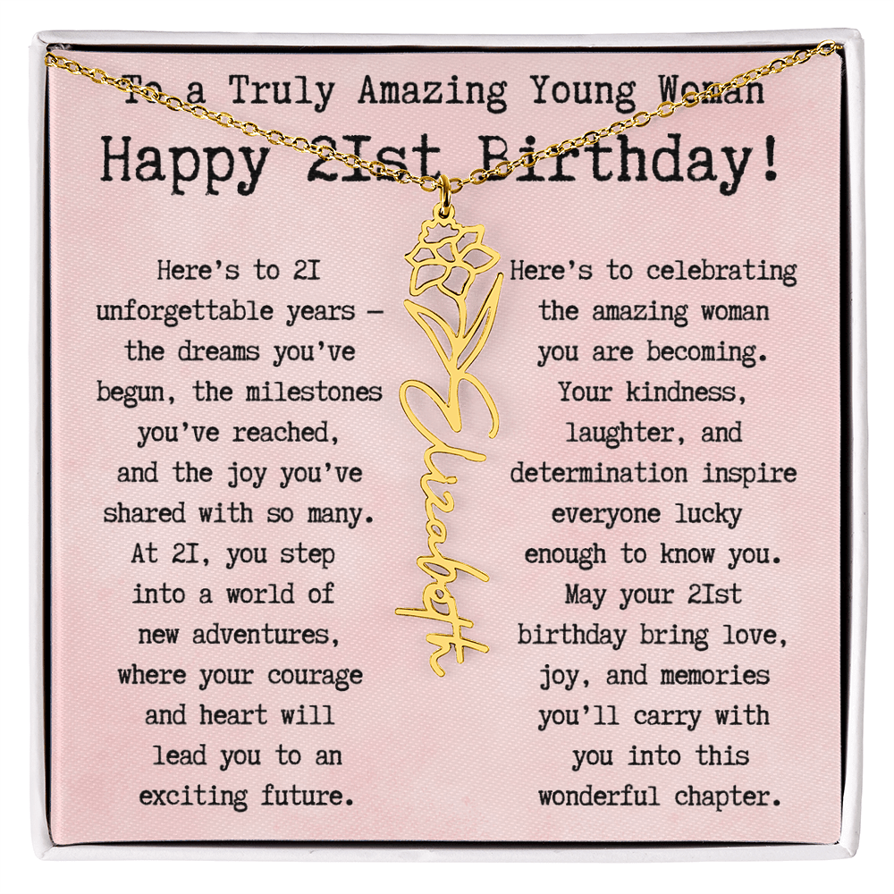 Personalized 21st Birthday Gift for Her – Customized Birth Flower Name Necklace – Unique Twenty-First Birthday Jewelry Gift from Grandma, Mom, Aunt, or Friend