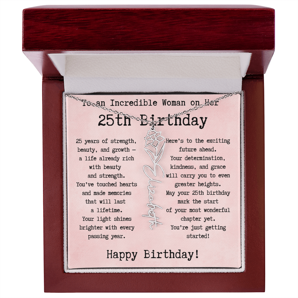 Personalized 25th Birthday Gift for Her – Customized Birth Flower Name Necklace – Unique Twenty-Fifth Birthday Jewelry Gift from Grandma, Mom, Aunt, or Friend