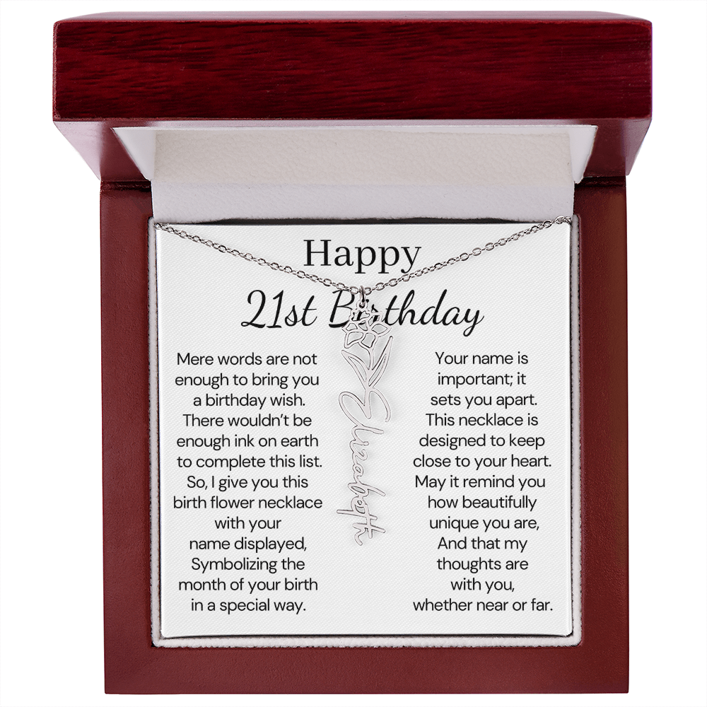 Personalized 21st Birthday Gift for Her – Customized Birth Flower Name Necklace – 21st Birthday Jewelry Gift for Granddaughter, Daughter, or Niece