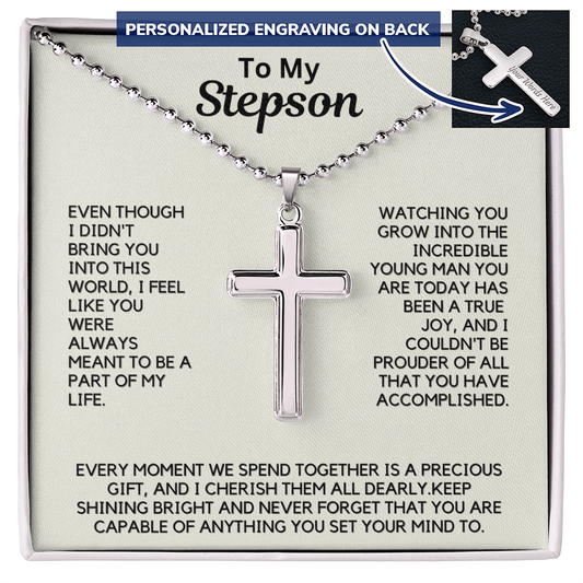 Engraved Cross Necklace for Stepson with Ball Chain