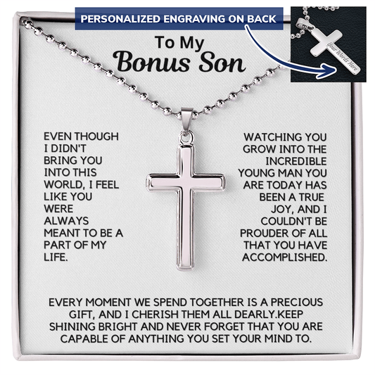 Engraved Cross Necklace for Bonus Son with Ball Chain