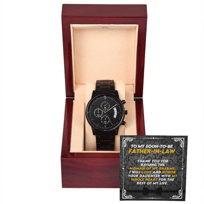 Gift from Groom to Father-in-Law | Thank You for raising the woman of my dreams | Black Chronograph Watch