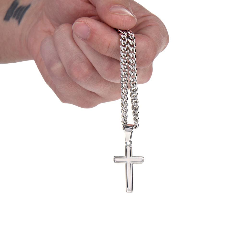 Gift from Mom to Son on His Wedding Day - Cuban Chain with Artisan Cross Necklace