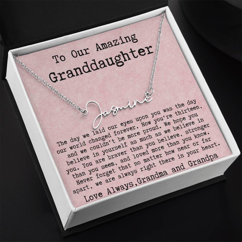 Personalized 13th Birthday Gift for Granddaughter from Grandpa and Grandma - Signature Style Name Necklace