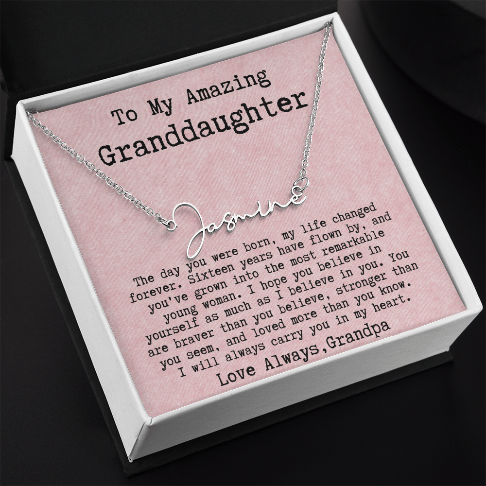 Personalized 16th Birthday Gift for Granddaughter from Grandpa - Signature Style Name Necklace