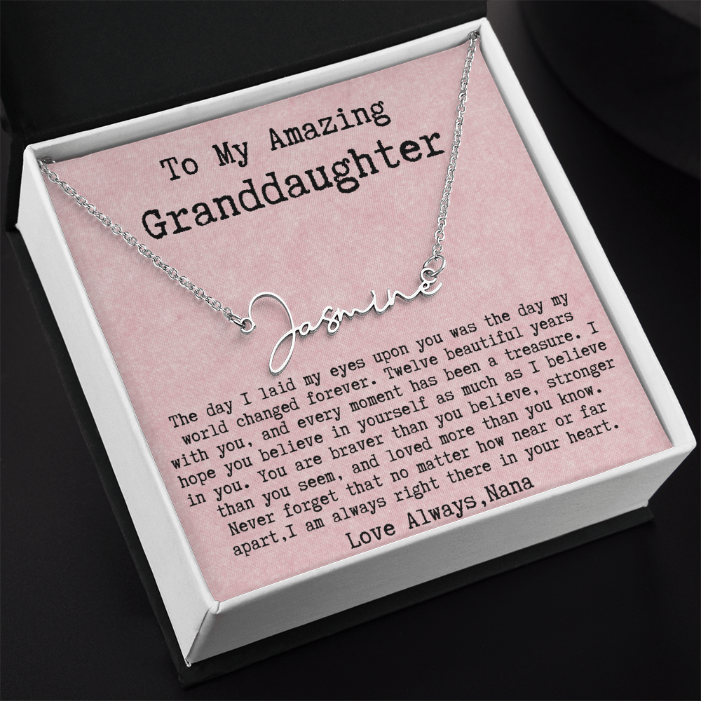 Personalized 12th Birthday Gift from Nana to Granddaughter - Signature Style Name Necklace