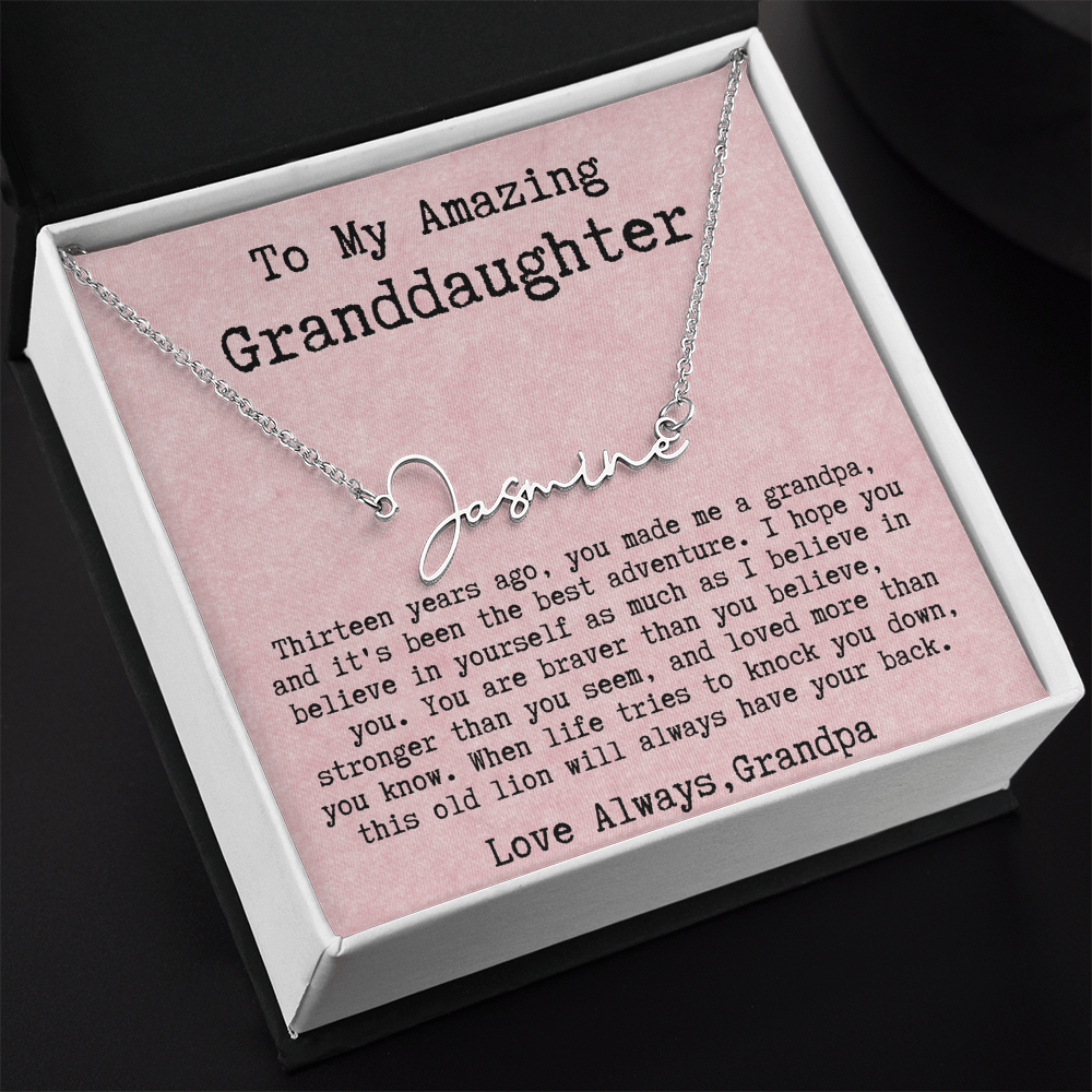 Personalized 13th Birthday Gift for Granddaughter from Grandpa - Signature Style Name Necklace