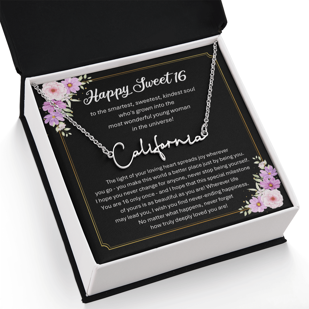 Personalized Sweet 16 Birthday Gift – Custom Signature Style Name Necklace – Unique Name Plate Necklace for Granddaughter from Grandma or Daughter from Mom