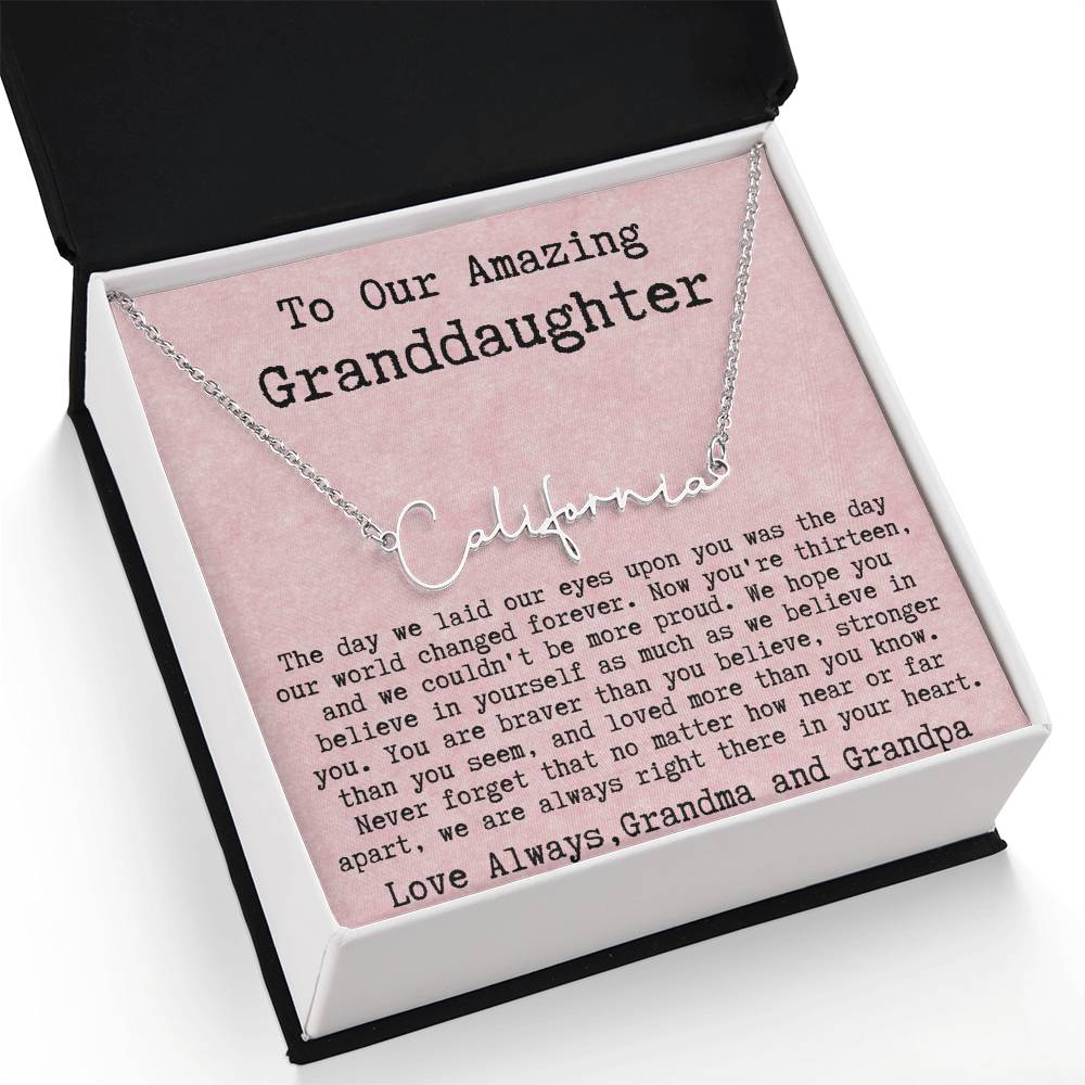 Personalized 13th Birthday Gift for Granddaughter from Grandpa and Grandma - Signature Style Name Necklace