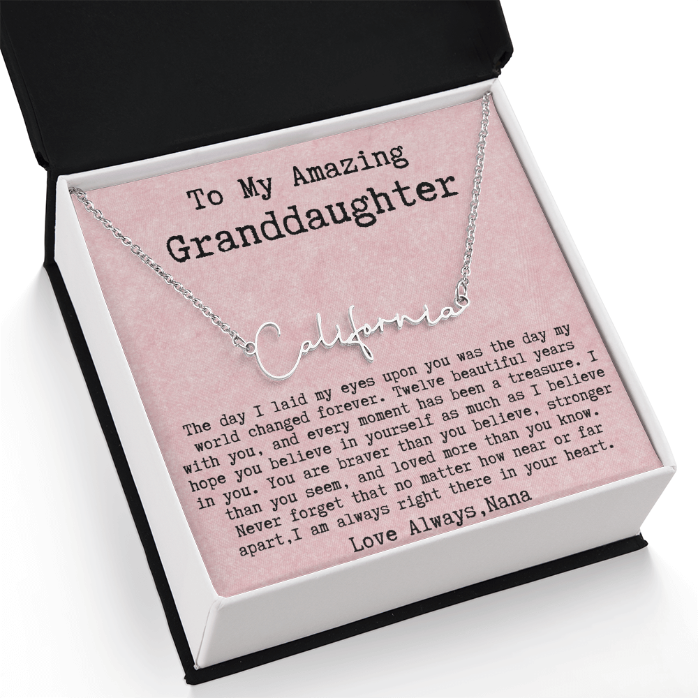 Personalized 12th Birthday Gift from Nana to Granddaughter - Signature Style Name Necklace