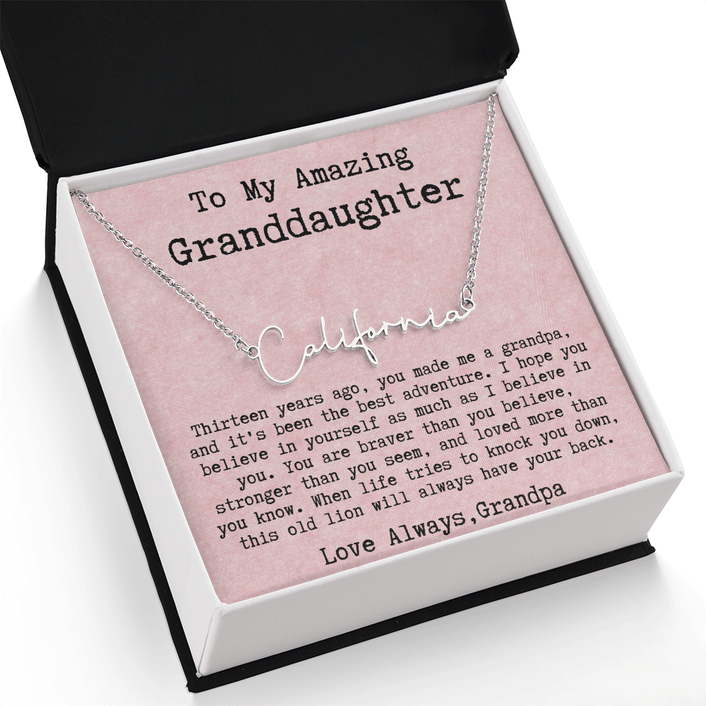 Personalized 13th Birthday Gift for Granddaughter from Grandpa - Signature Style Name Necklace