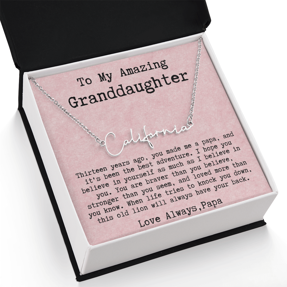 Personalized 13th Birthday Gift for Granddaughter from Papa - Signature Style Name Necklace