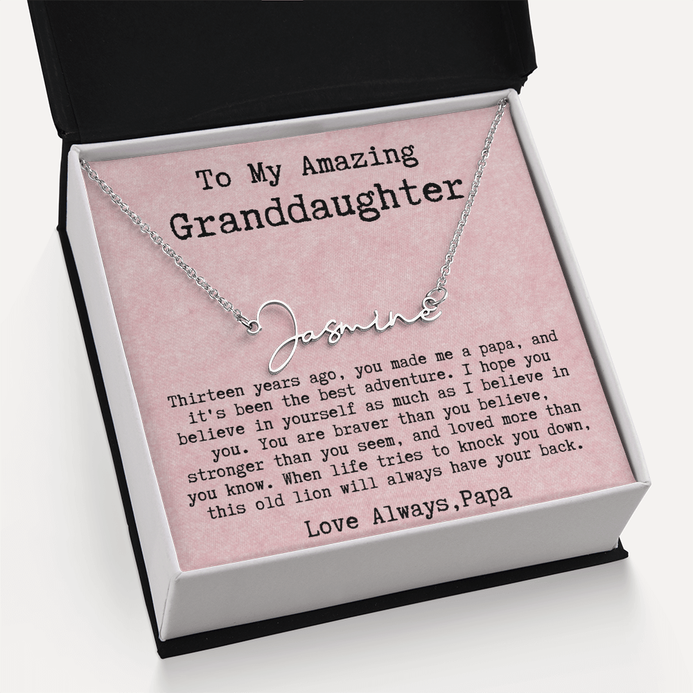 Personalized 13th Birthday Gift for Granddaughter from Papa - Signature Style Name Necklace