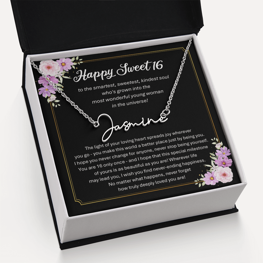 Personalized Sweet 16 Birthday Gift – Custom Signature Style Name Necklace – Unique Name Plate Necklace for Granddaughter from Grandma or Daughter from Mom