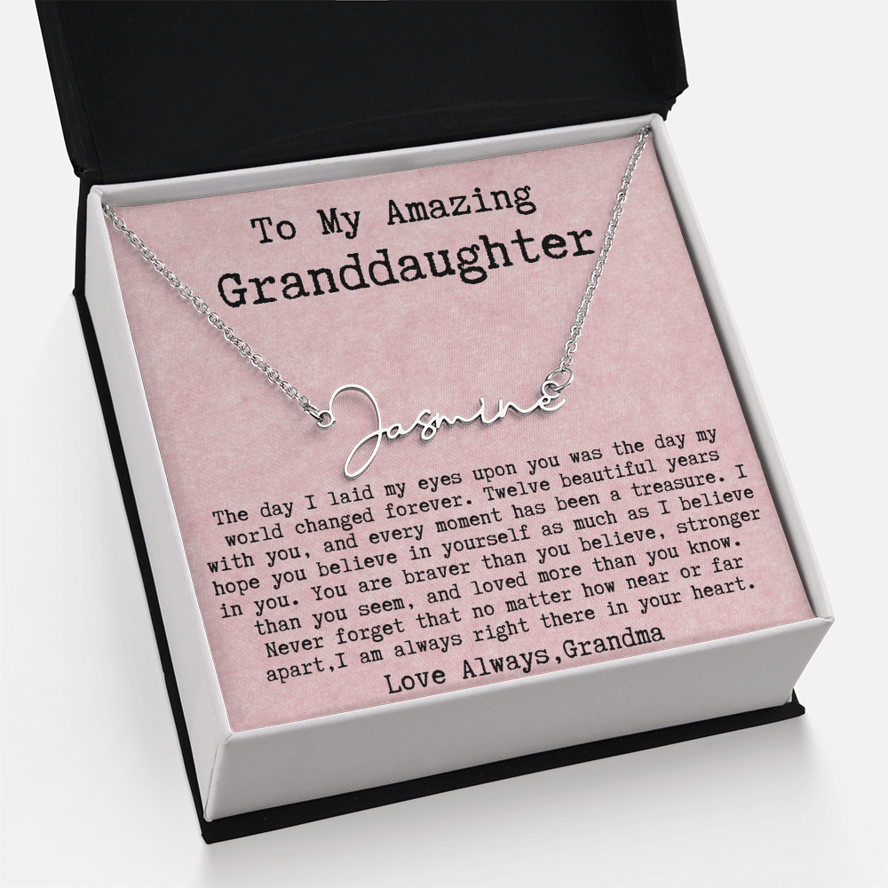 Personalized 12th Birthday Gift from Grandma to Granddaughter - Signature Style Name Necklace
