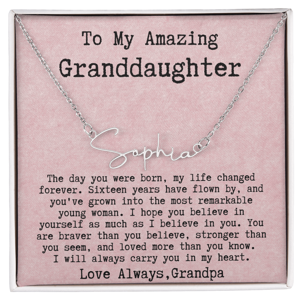Personalized 16th Birthday Gift for Granddaughter from Grandpa - Signature Style Name Necklace