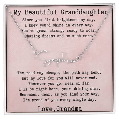 Personalized Birthday Gift for Granddaughter – Custom Signature Style Name Necklace – Unique Name Plate Necklace from Grandma
