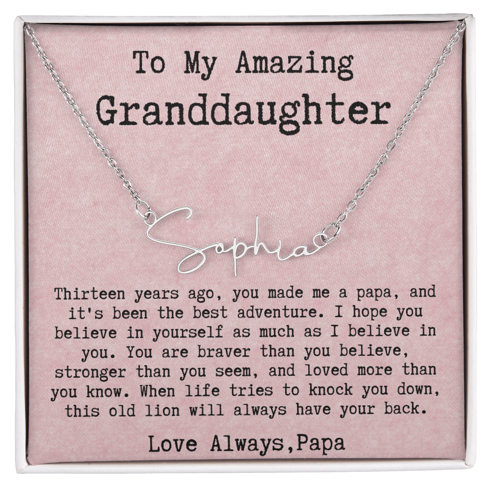 Personalized 13th Birthday Gift for Granddaughter from Papa - Signature Style Name Necklace