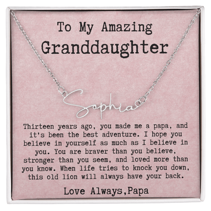 Personalized 13th Birthday Gift for Granddaughter from Papa - Signature Style Name Necklace