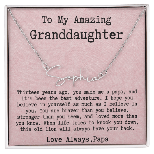 Personalized 13th Birthday Gift for Granddaughter from Papa - Signature Style Name Necklace