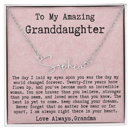 Personalized 25th Birthday Gift from Grandma to Granddaughter - Signature Style Name Necklace