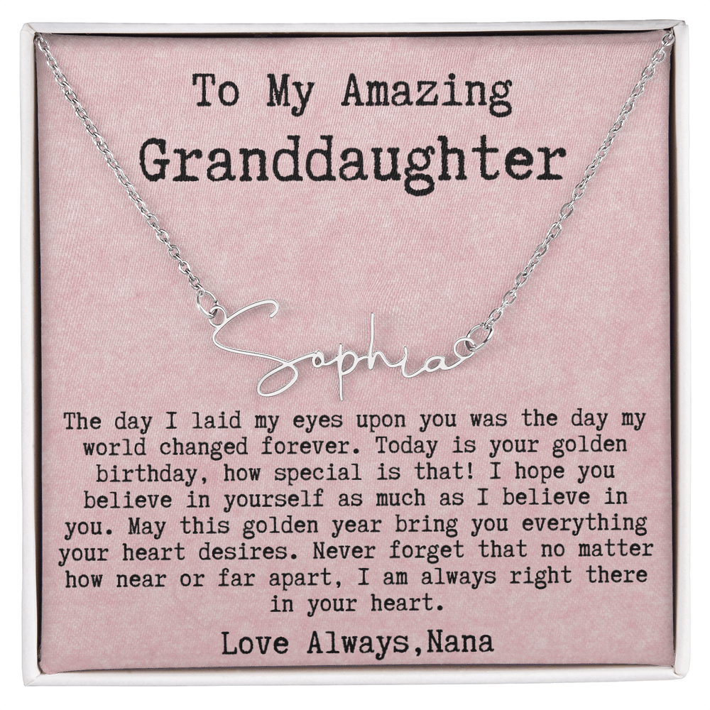 Personalized Golden Birthday Gift from Nana to Granddaughter - Signature Style Name Necklace