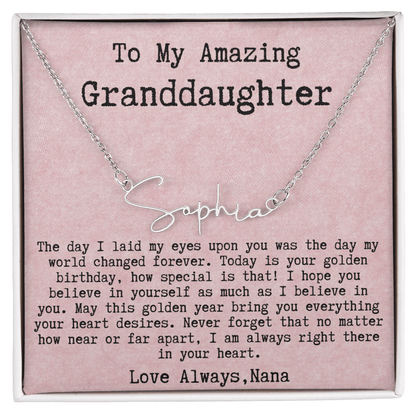 Personalized Golden Birthday Gift from Nana to Granddaughter - Signature Style Name Necklace
