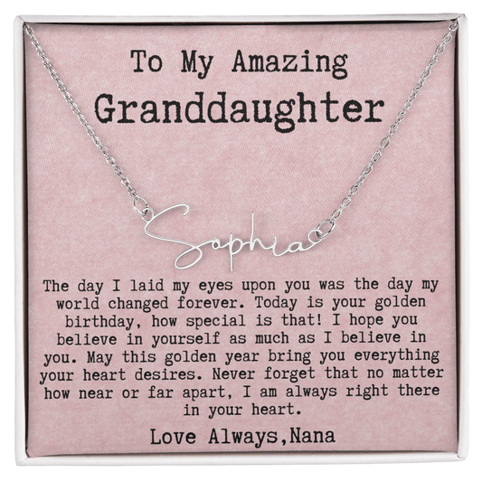 Personalized Golden Birthday Gift from Nana to Granddaughter - Signature Style Name Necklace
